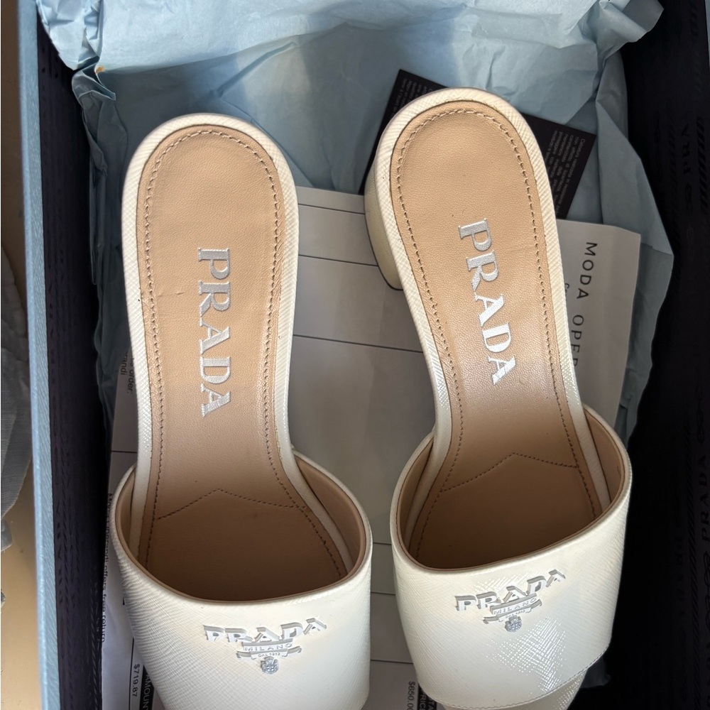Prada Cream and White Leather Mules with Almond Toe